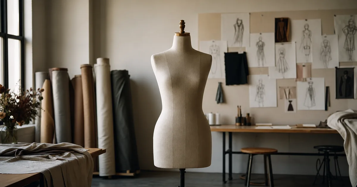 A fashion design studio with a dress form, fabric bolts and sketches pinned to a board, warm directional light, no people