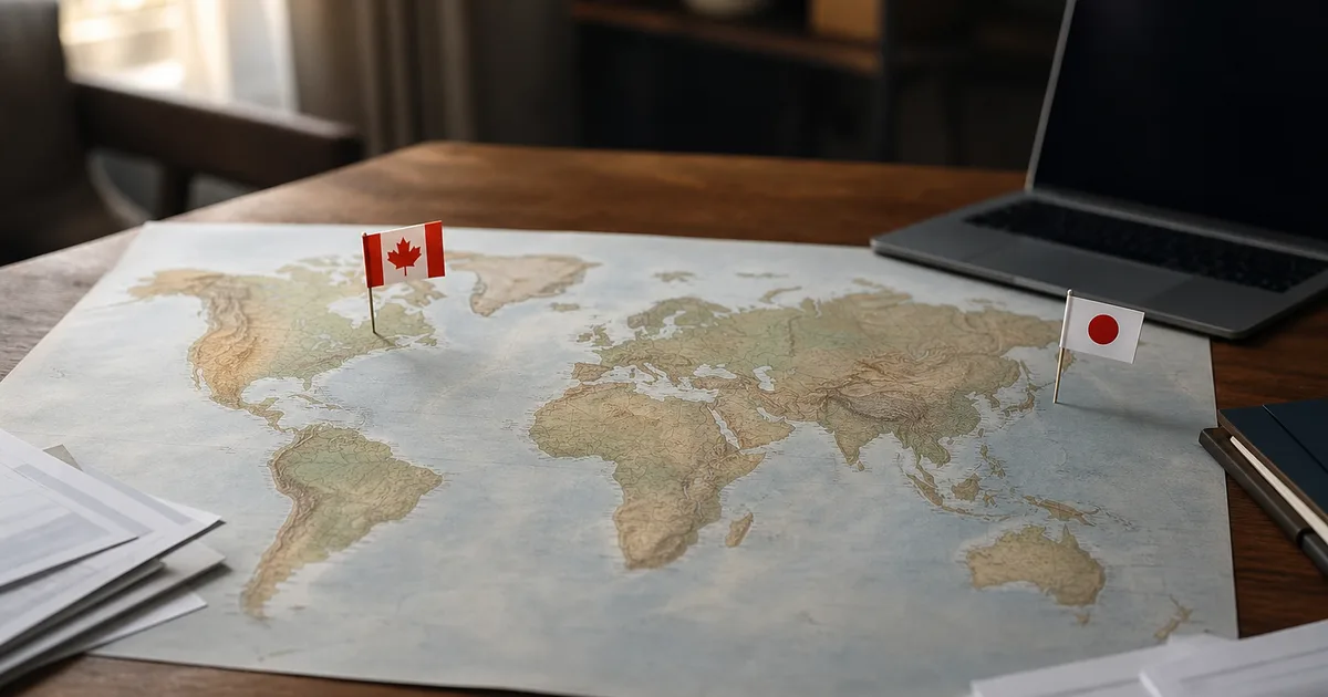 A world map spread flat on a table with two small national flags placed on different continents, surrounded by banking statements and a laptop in ambient