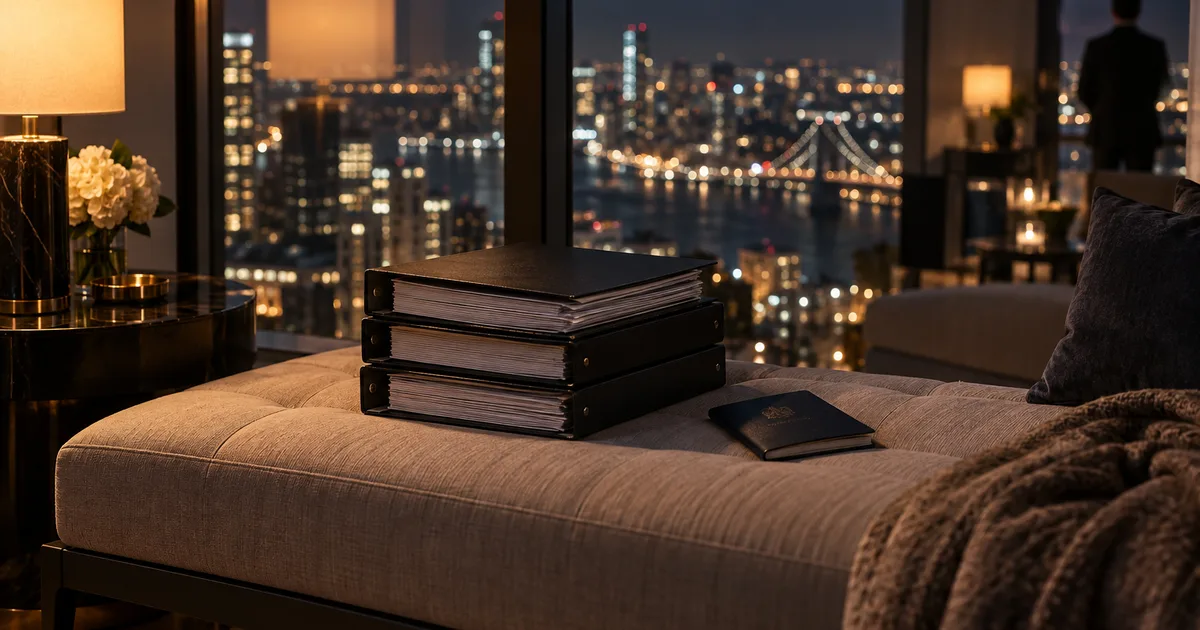 A neat stack of bound evidence binders and a passport on a cushioned window bench in a high-rise apartment at night, blurred city lights far below, warm lamp