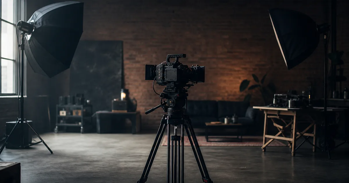 A film set with a cinema camera on a tripod, soft box lights and a clapperboard area, moody cinematic lighting, no people
