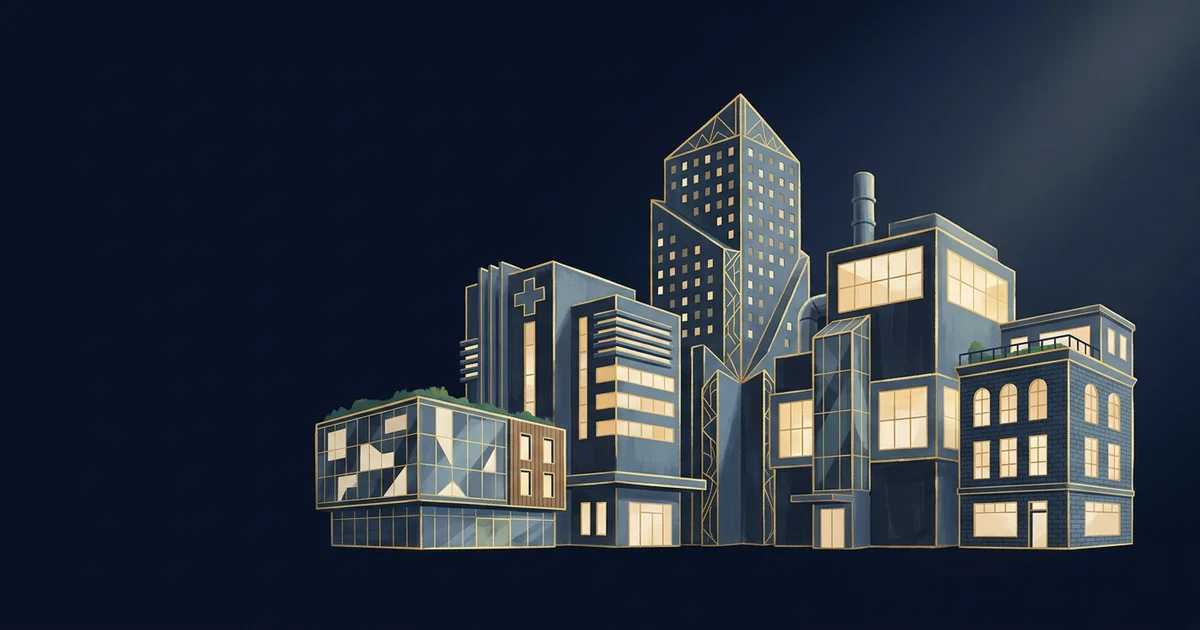 A horizontal lineup of stylized building silhouettes representing different employer types — tech campus, hospital, bank, lab, startup loft.