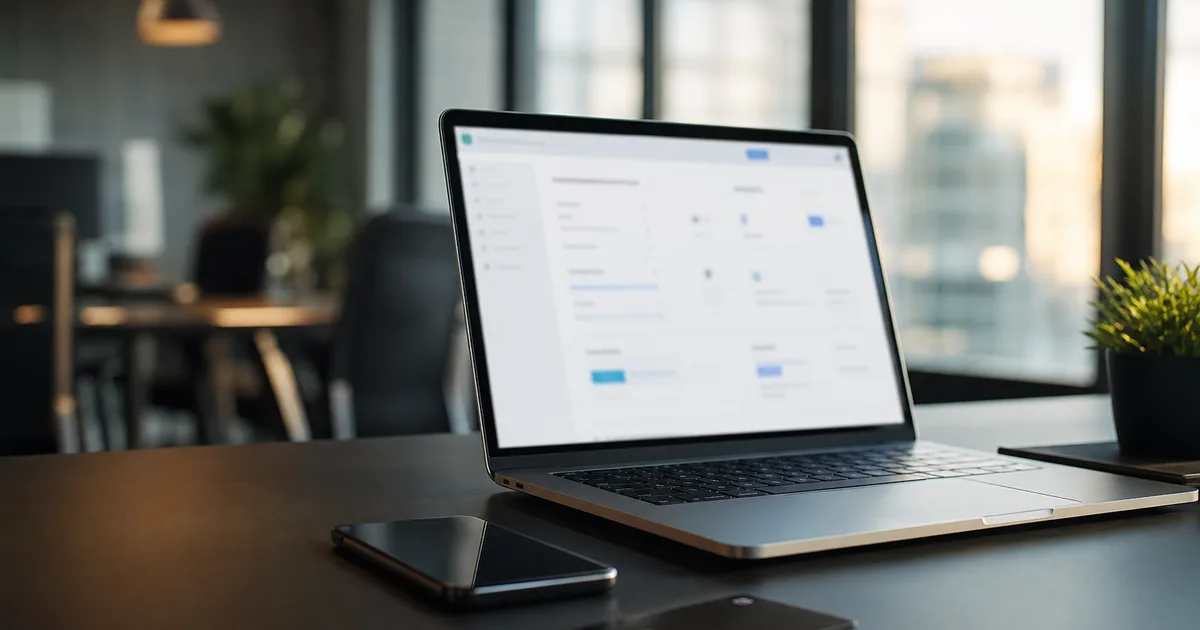 A sleek fintech office with a laptop showing a blurred payments dashboard, a smartphone and a card on a clean desk, bright modern light