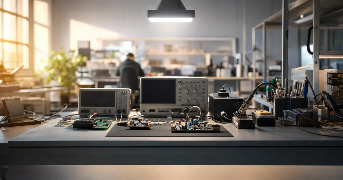 Engineer in a modern electronics lab examining a green circuit board under bright overhead lighting with oscilloscope screens visible in the background
