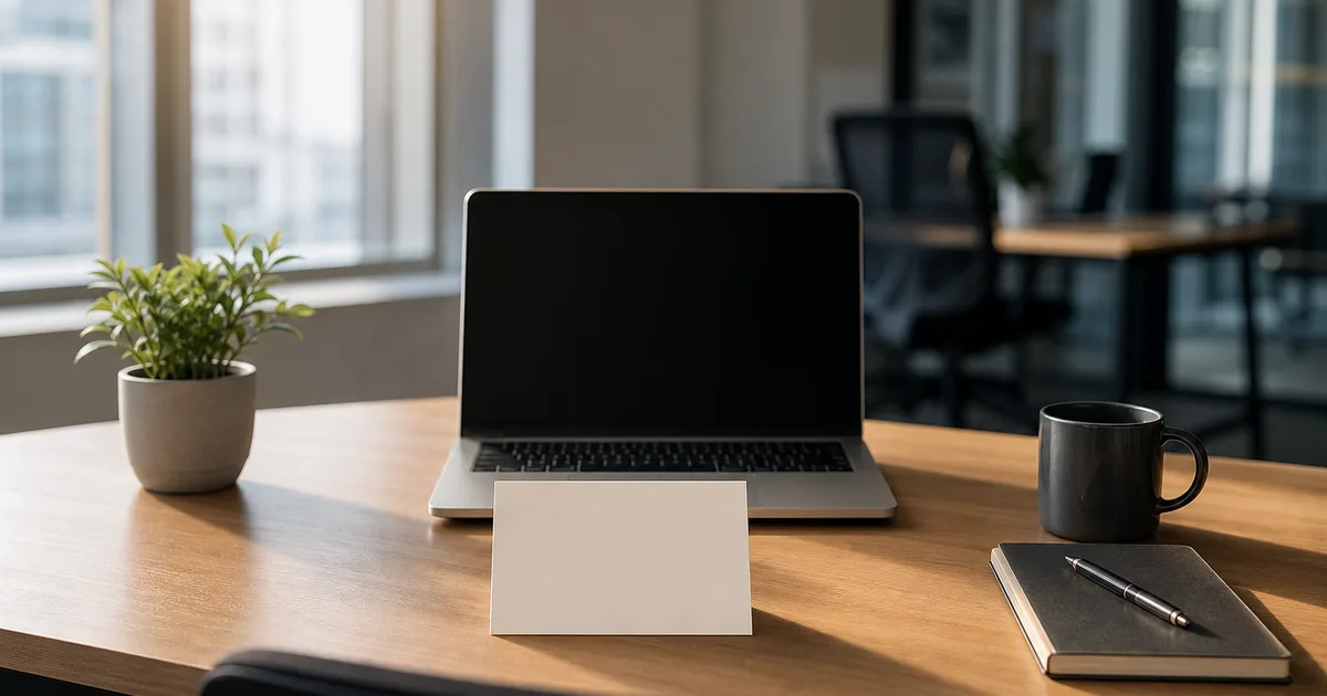 A new employees clean desk on the first day with a welcome note and a laptop, fresh hopeful morning light