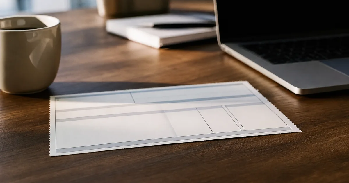 Close-up of a pay stub on a desk next to a laptop, natural office lighting, no readable text on the stub