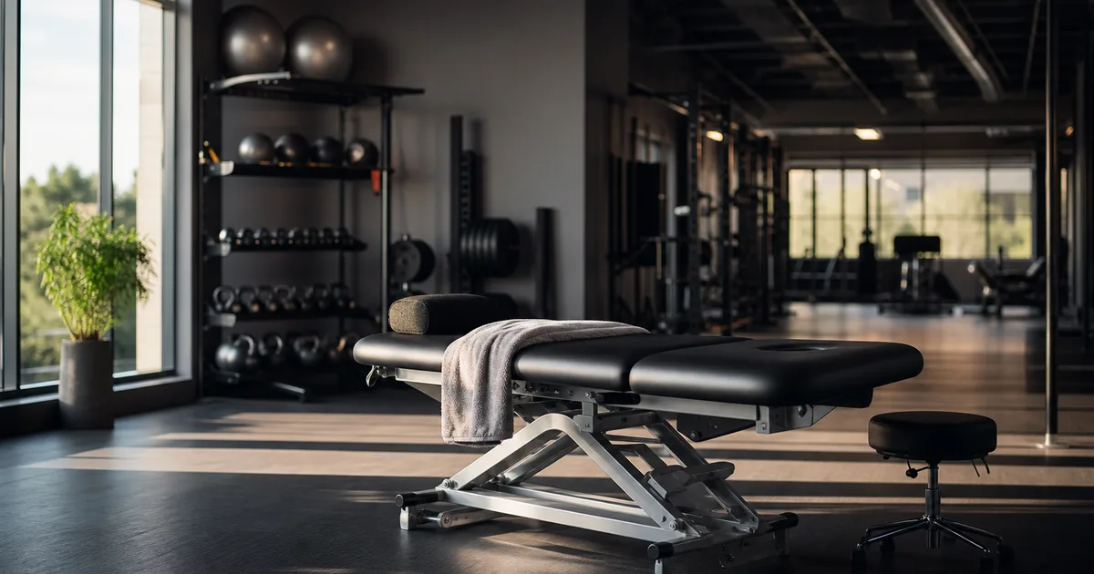 A modern athletic training facility with equipment and a treatment table neatly arranged, bright energetic light, no people