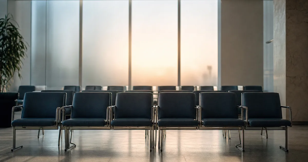 A consulate visa-interview waiting room at early morning, rows of empty chairs and soft light through tall frosted windows