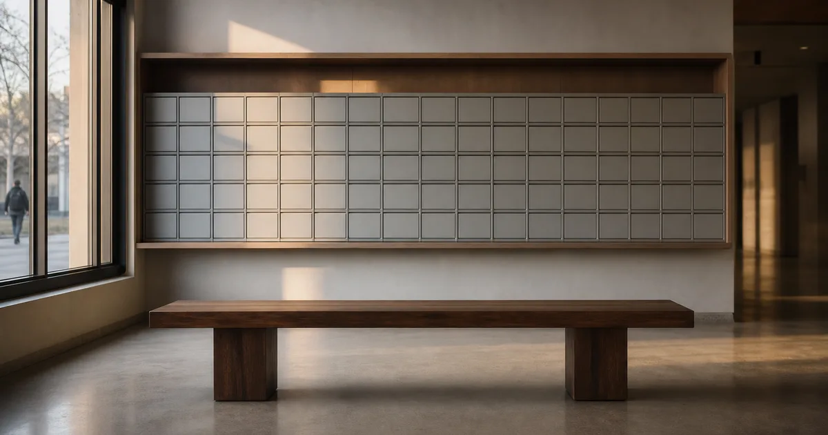 An early morning campus mailroom, a wall of numbered mailboxes and a long empty bench