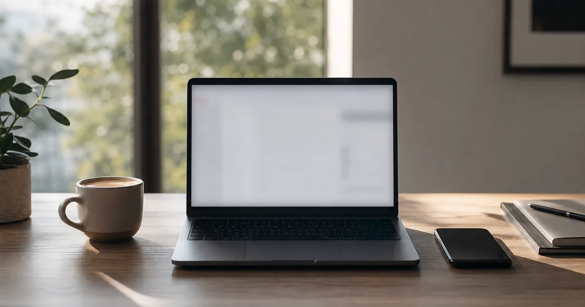 A clean desk with a laptop showing a blurred email draft, a coffee and a phone, calm bright morning light, no readable text, no people