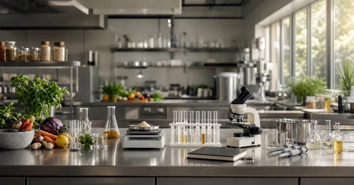 A food R&D test kitchen with stainless surfaces, fresh ingredients and lab tools arranged neatly, bright clean light
