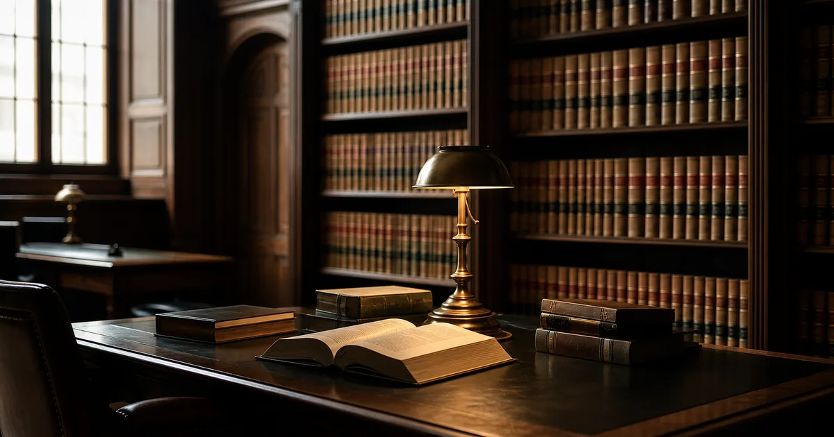 A law library with tall shelves of legal volumes and a reading desk by a window, warm focused light, no people