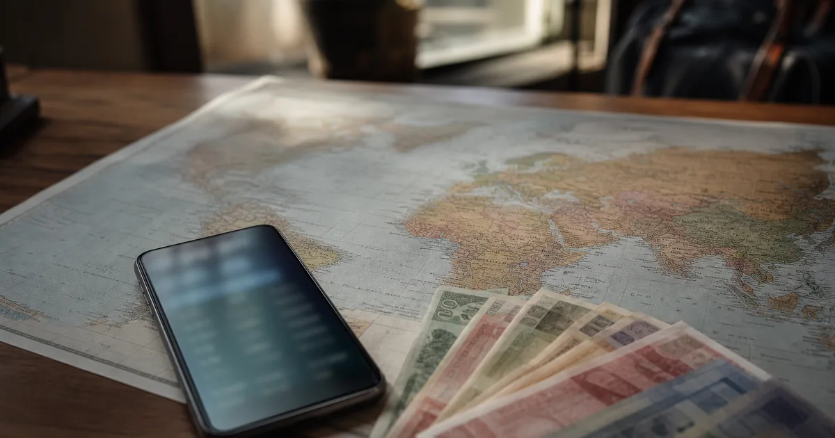 A world map spread on a table with several foreign currency notes fanned out beside a smartphone showing exchange rates, natural window light