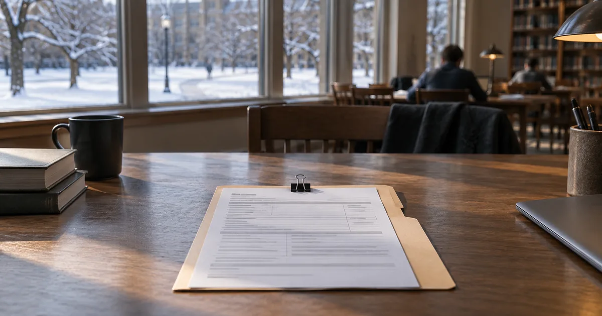 A single-page tax form clipped to a manila folder on a quiet campus library table in late winter, pale daylight, snow on the quad through tall windows, no
