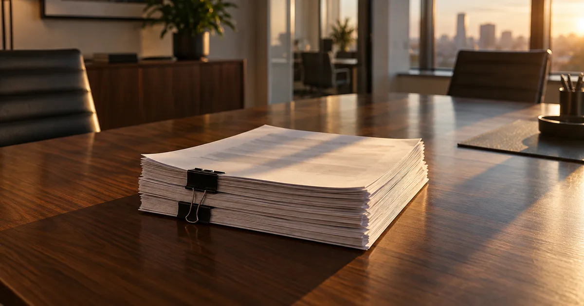 A thick employer petition packet bound with black binder clips on a walnut conference table in an empty corporate HR office, late-afternoon window light
