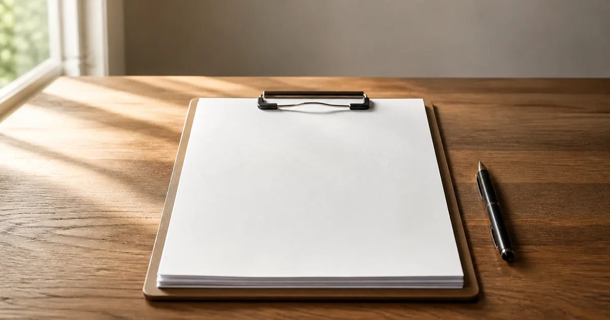 A person's hands filling out official paperwork at a desk, with a laptop, a pen, and a cup of coffee nearby in soft morning light