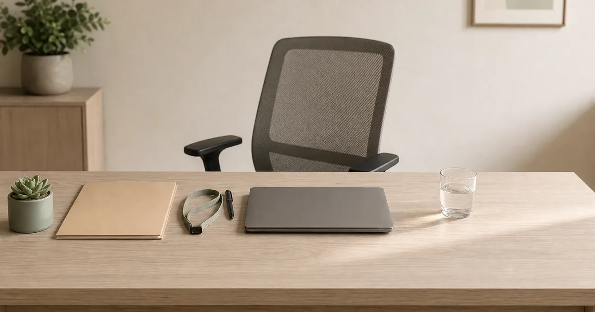 A clean onboarding desk with an empty chair, a closed folder, a lanyard coiled beside a pen, and morning light falling across a light wood surface