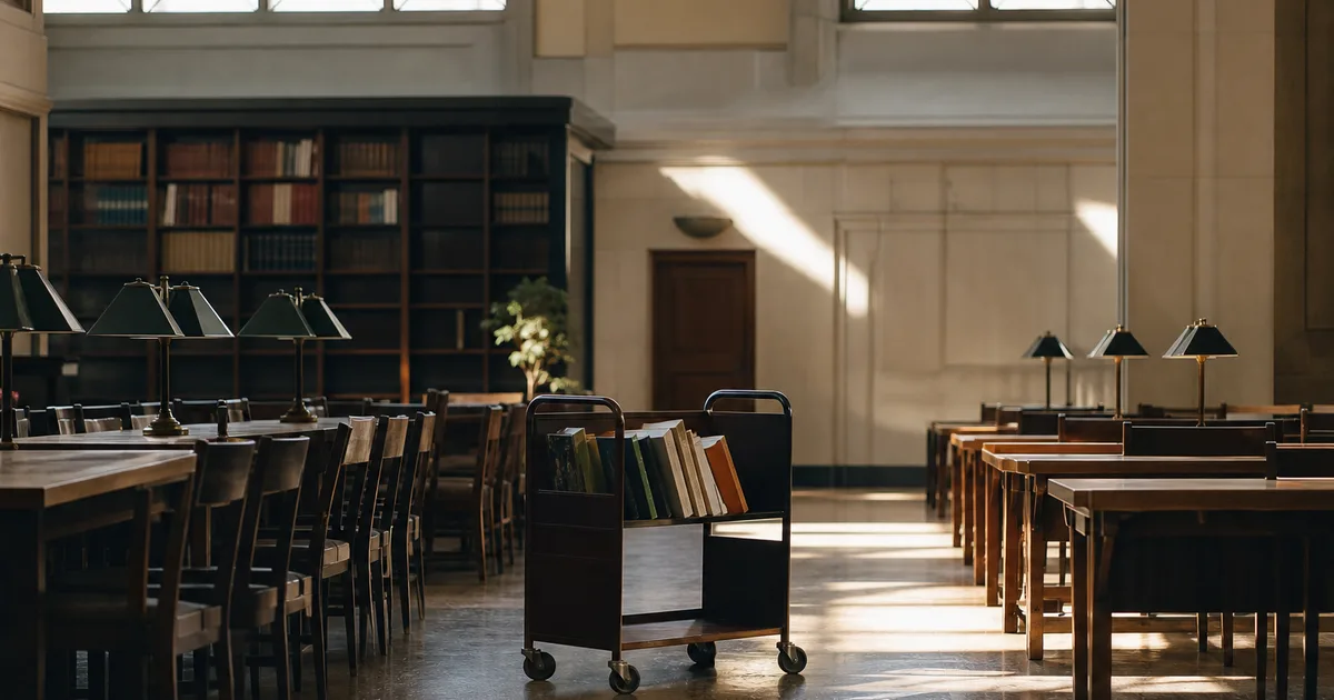 A public library reading room at midday, sunlight through high windows onto empty long tables and a returns cart