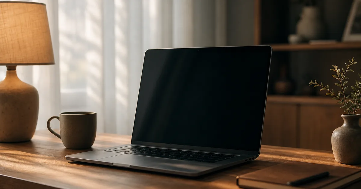 A laptop open on a minimalist home desk with a warm lamp casting golden light, a coffee mug beside it, afternoon light streaming through sheer curtains