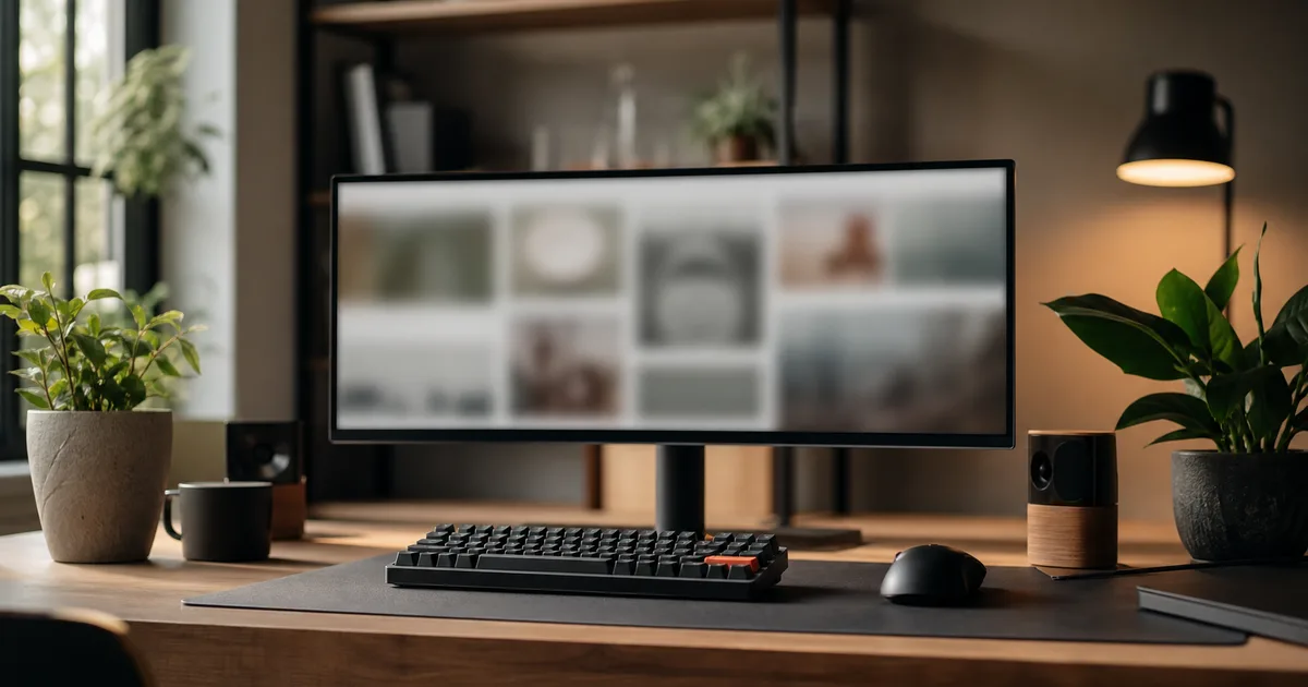 A tidy workstation with a widescreen monitor showing a blurred website layout, a mechanical keyboard and a plant, warm daylight, no people