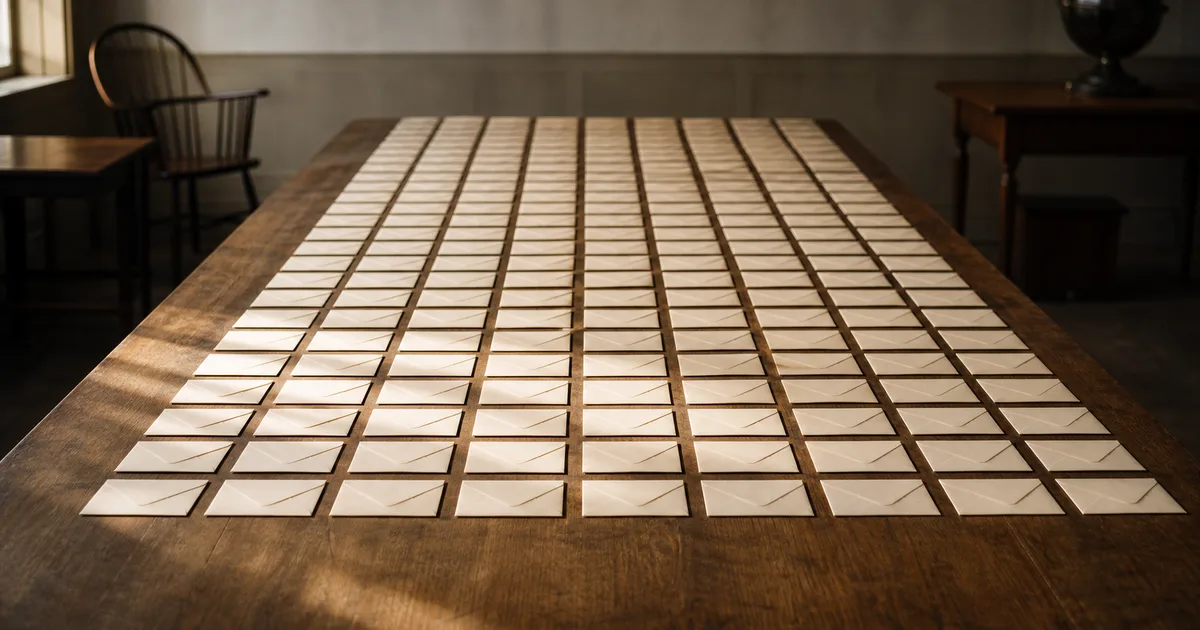 Hundreds of sealed envelopes arranged in a grid pattern on a wide wooden table under diffused studio lighting, casting long soft shadows