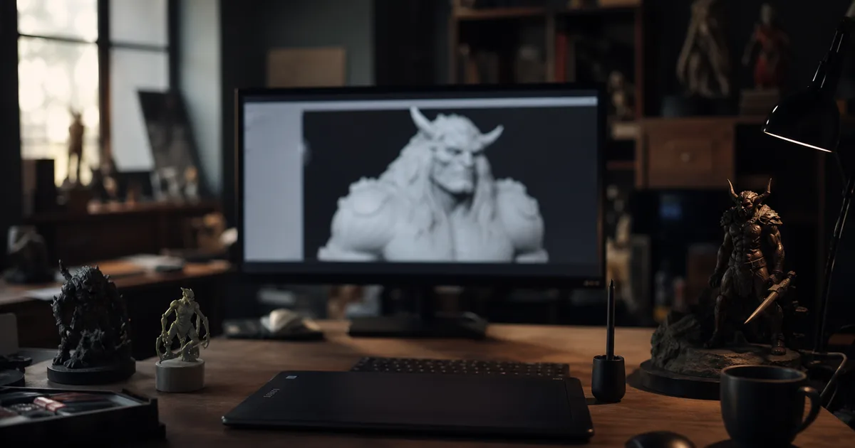 A game artist desk with a monitor showing a blurred 3D character sculpt, a drawing tablet and figurines, moody studio light, no people