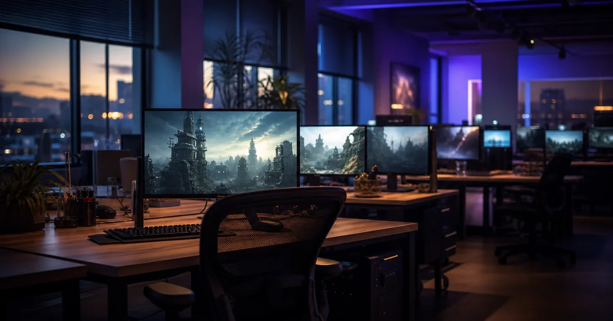 A vast open-plan game development studio with multiple workstations showing cinematic 3D renders on large monitors, ambient purple and blue lighting, empty