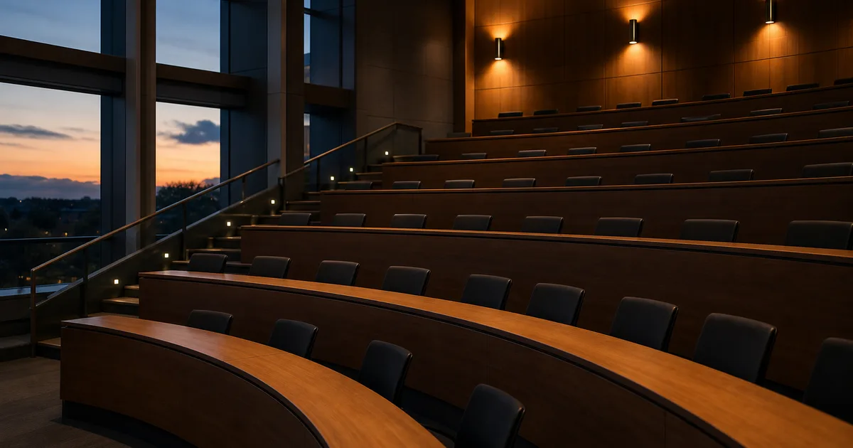 An empty university business school lecture hall at dusk, tiered seating lit by amber wall sconces