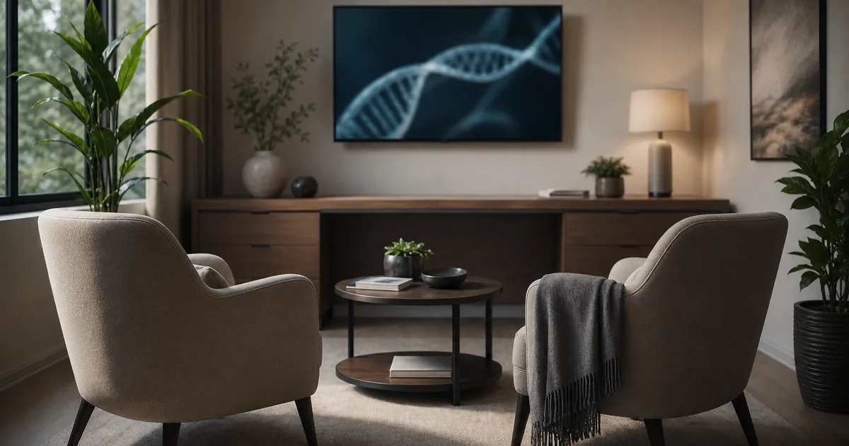 A calm consultation office with two soft chairs and a monitor showing a blurred double-helix graphic, gentle daylight, no readable text, no people