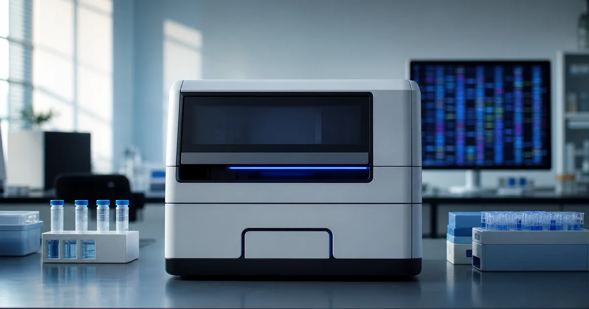 A genomics lab with a DNA sequencer machine and sample tubes, a monitor showing soft blurred sequence data, cool light, no people