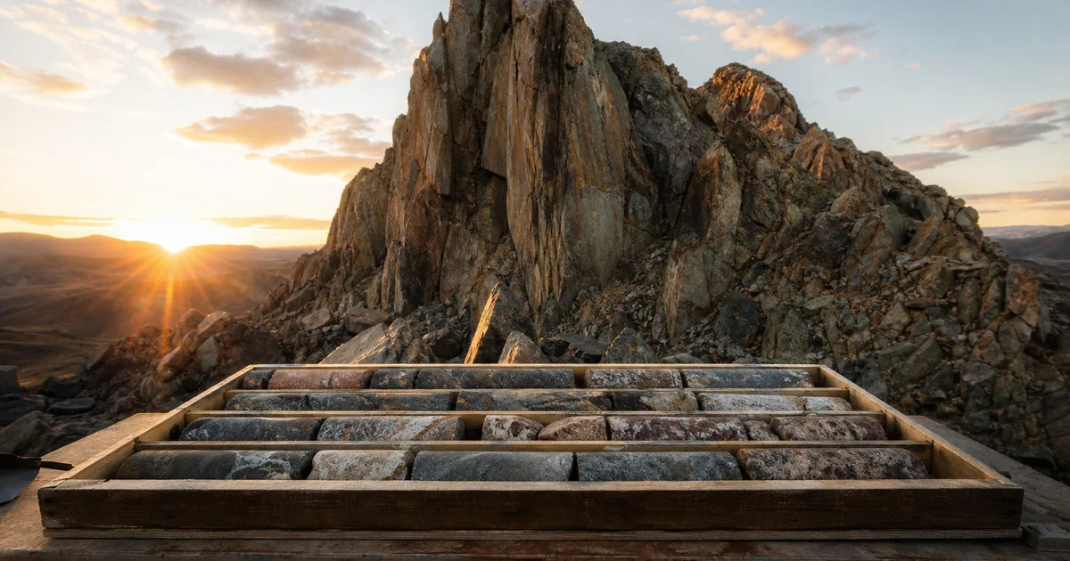 A rugged geological rock formation at sunrise with rock-core samples on a field table in the foreground, dramatic natural light, no people