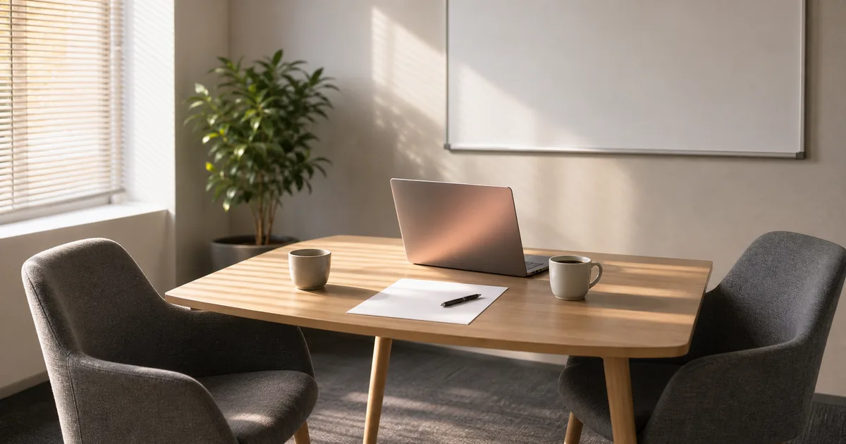 Two chairs at a small meeting table with an open laptop and a printed page between them, warm daylight through blinds, calm and businesslike, no readable text