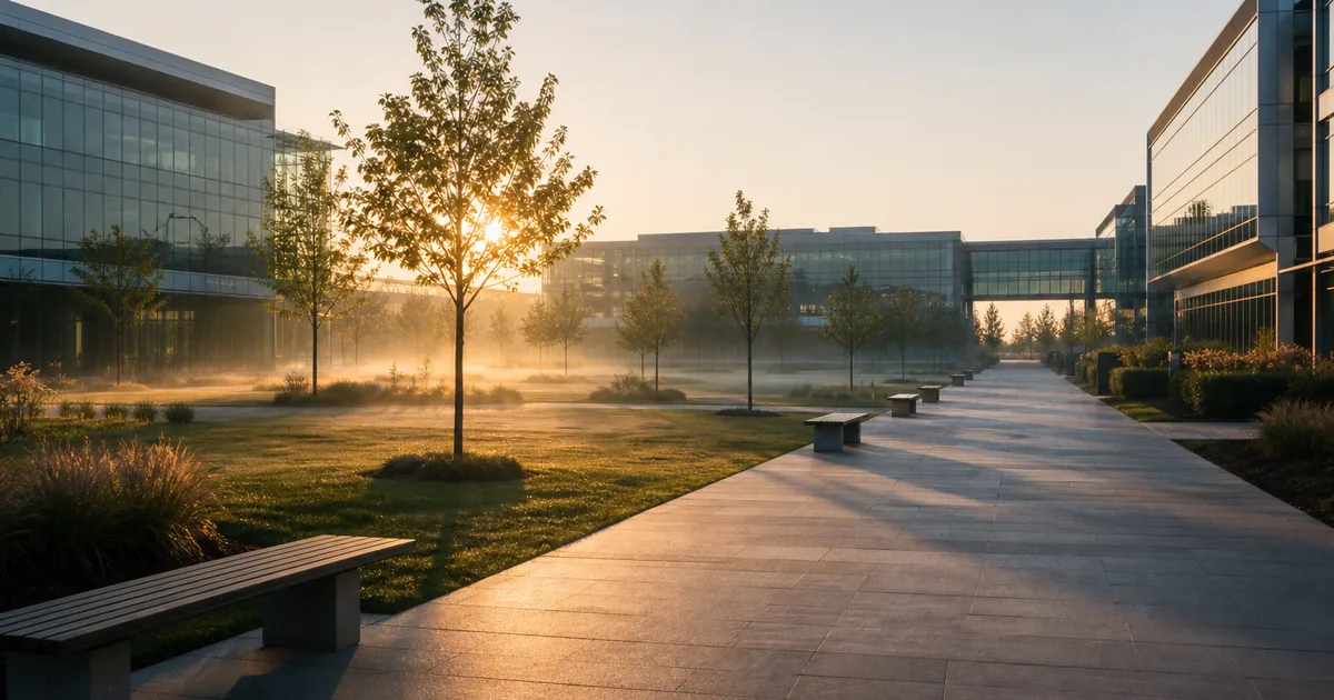 A vast corporate campus courtyard at dawn, empty benches and manicured lawn between low glass buildings, thin ground mist and long shadows across a wide
