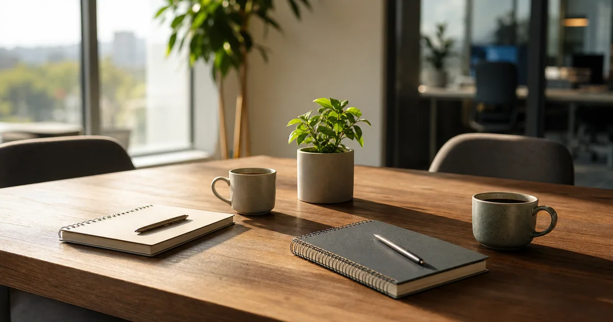 A bright office table set for two with notebooks and coffee suggesting a friendly meeting, welcoming light, no faces