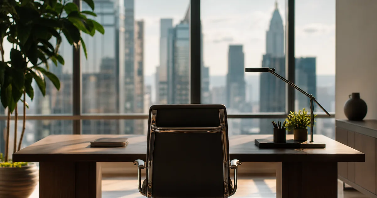 A bright modern office with an empty chair at a desk near a window and a city view, an aspirational upward mood, warm light, no people