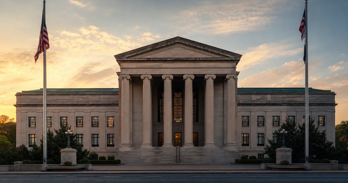A government office building facade with classical columns at dawn, flags on poles, formal architectural composition, no people