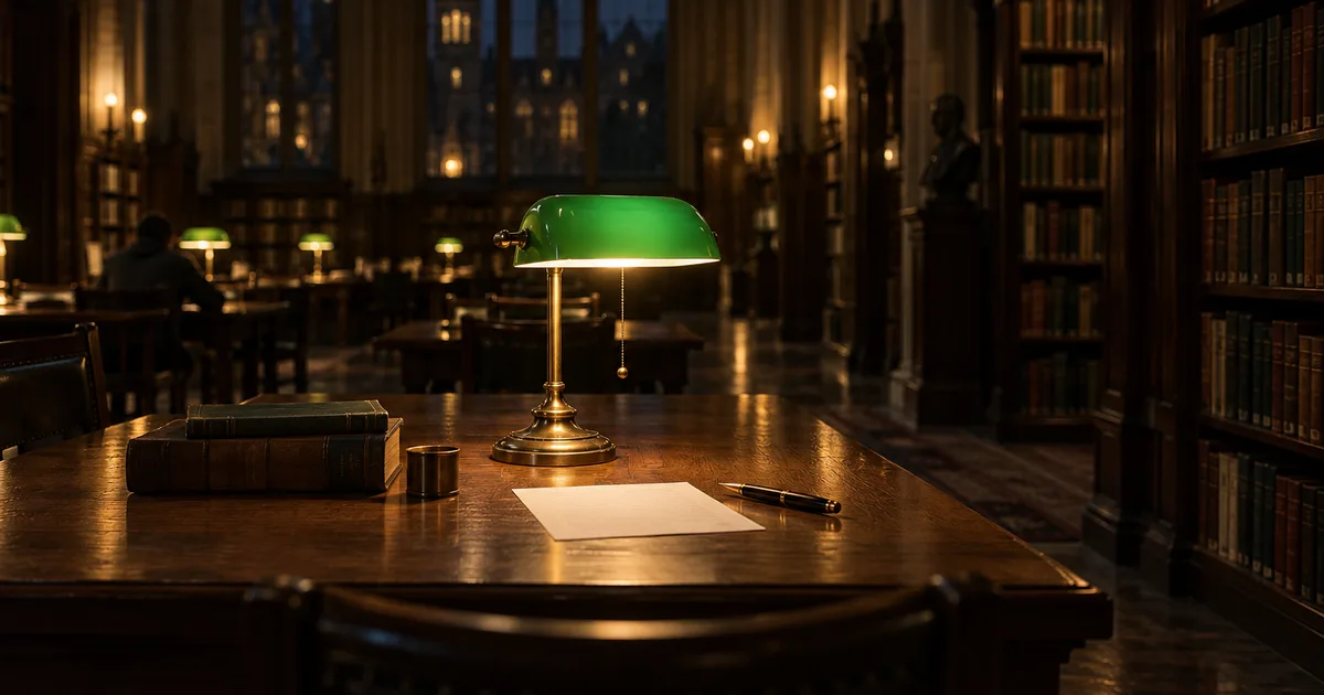 A graduate reading room in a gothic campus library at night, a single printed letter and a fountain pen on a long oak table under a green banker's lamp, tall