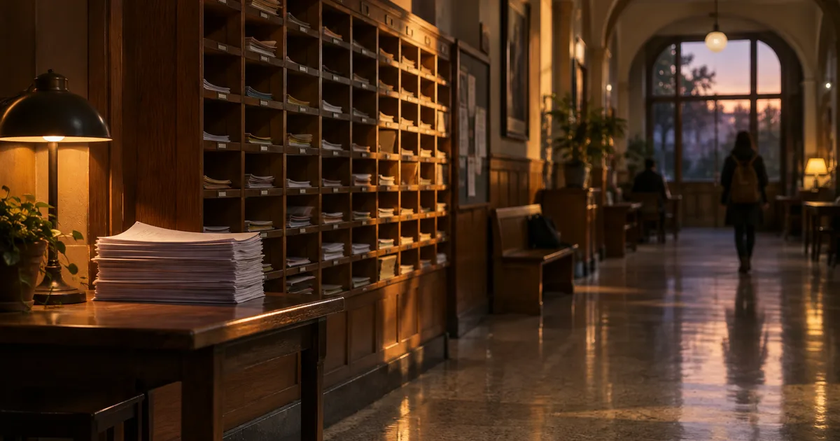 Rows of wooden faculty mailbox cubbies in a university department hallway at early evening, a stack of graded exam booklets on a side table, warm lamp light