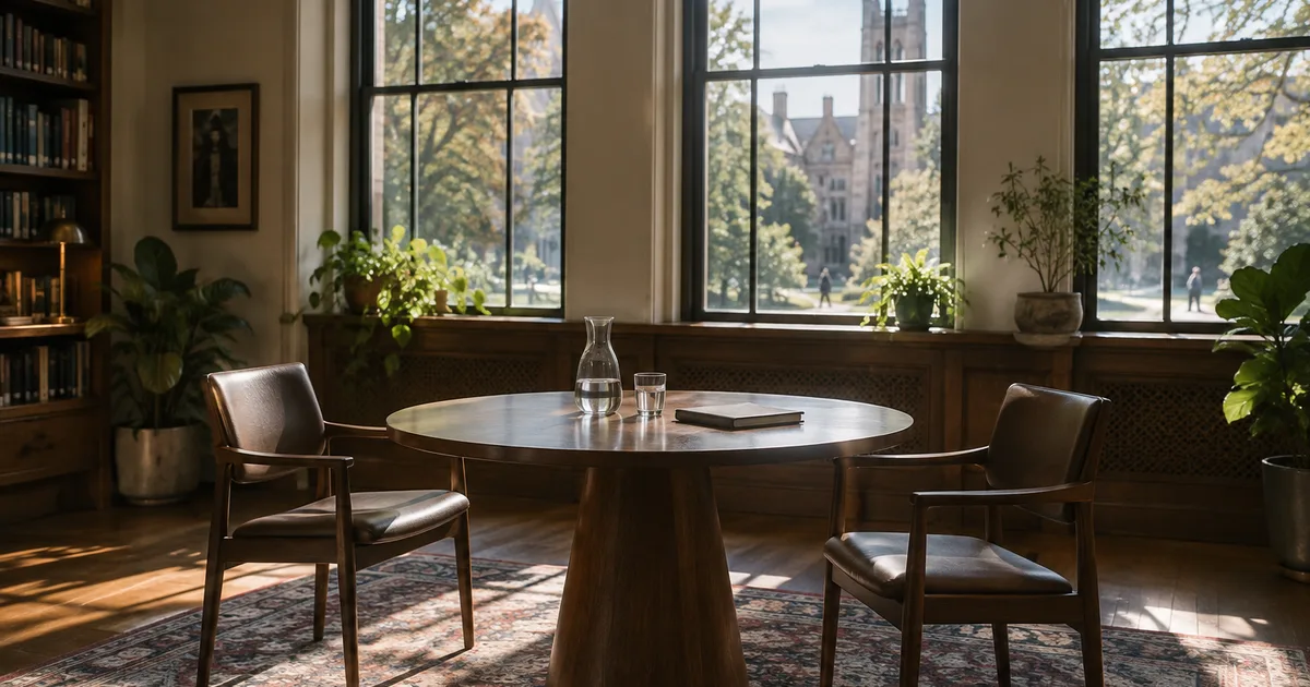 A small seminar room on a university campus in late morning, a round wooden table with two empty chairs facing each other, a closed notebook and a water