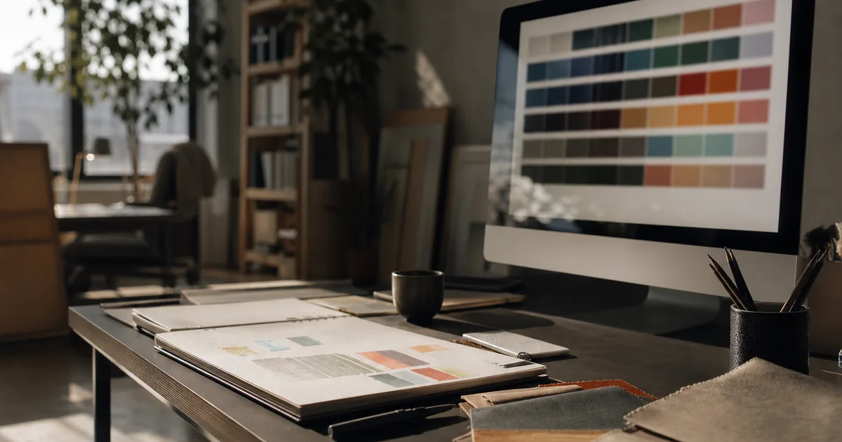 A designer workspace with a large monitor showing blurred color palettes, a sketchbook, pens and swatches on a clean desk, warm light