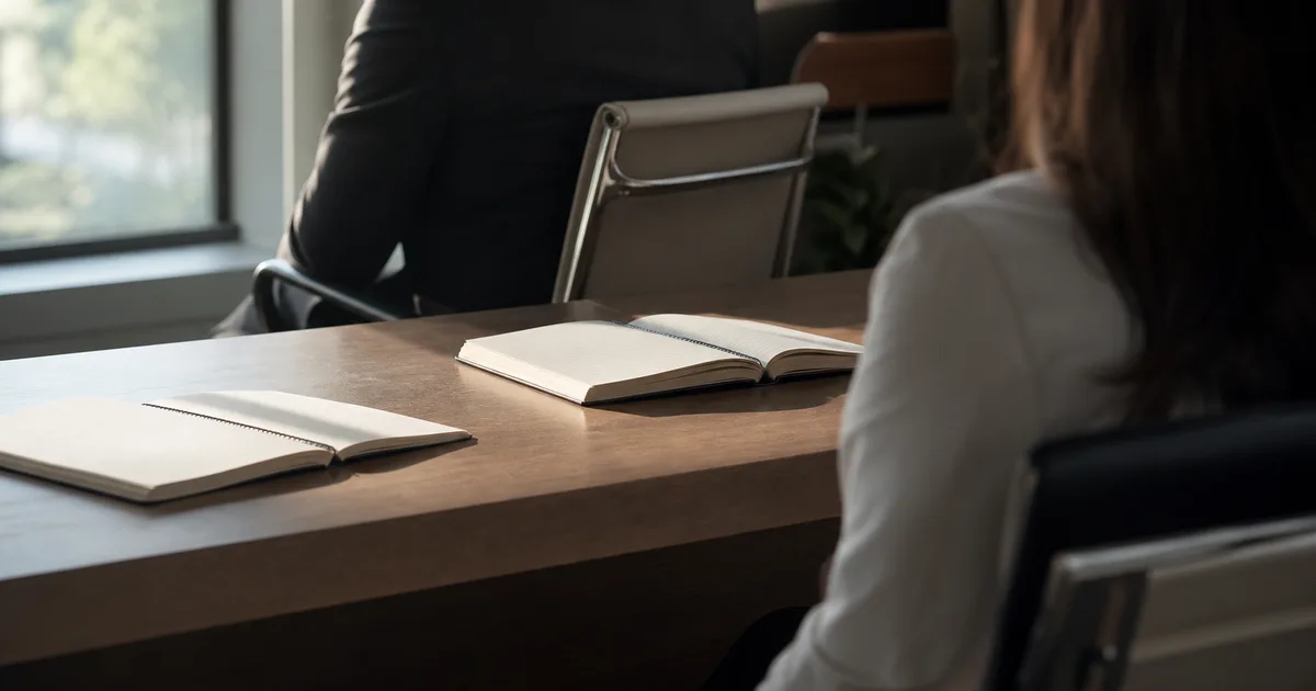 A professional sitting across a desk from a manager in a sunlit office having a calm, focused one-on-one conversation with notebooks open between them