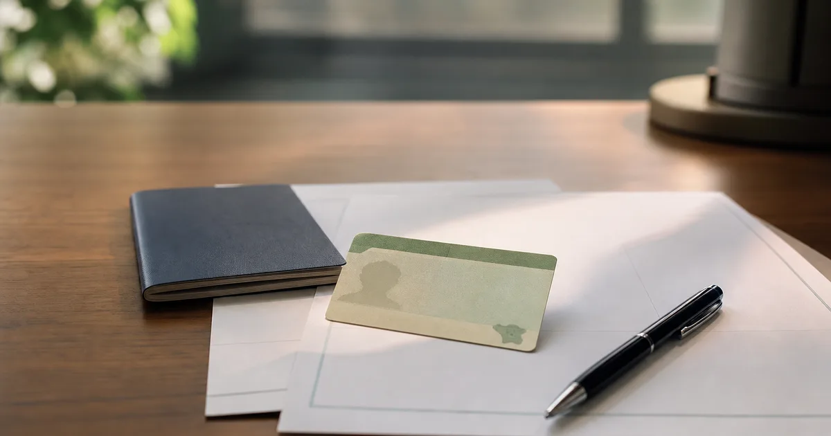 A desk with a US permanent-resident-style card placeholder, a passport and a pen on official-looking documents, warm hopeful light, no readable text
