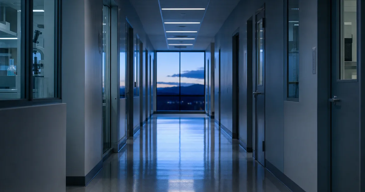 A research scientist in a white coat reviews documents at a desk inside a modern hospital research wing with floor-to-ceiling windows