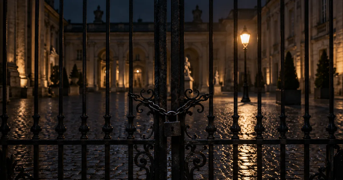 A wrought-iron gate standing chained in an empty museum courtyard at night, a single lamppost glowing on wet cobblestones beyond the bars