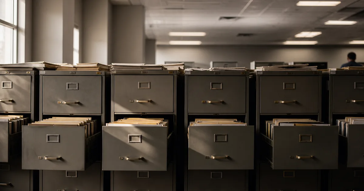 A row of filing cabinets with half-open drawers in a quiet government records room, overhead fluorescent lighting, neutral grey walls