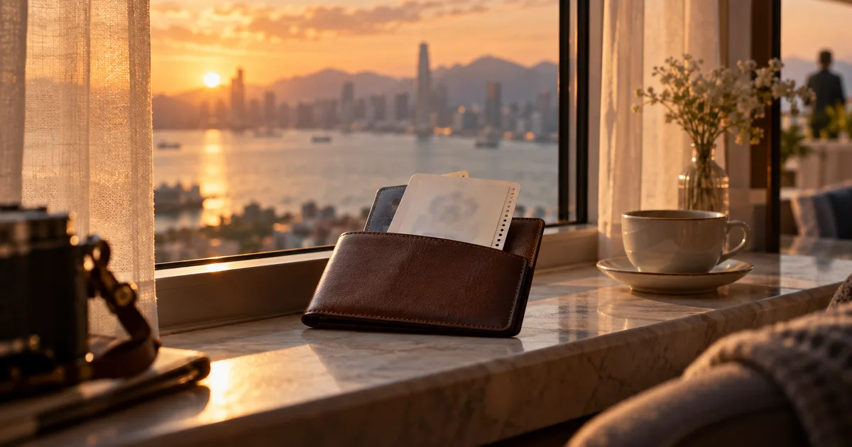 A crisp approval notice with a perforated lower strip tucked into a leather passport holder on a hotel-room windowsill at sunrise, sheer curtains glowing