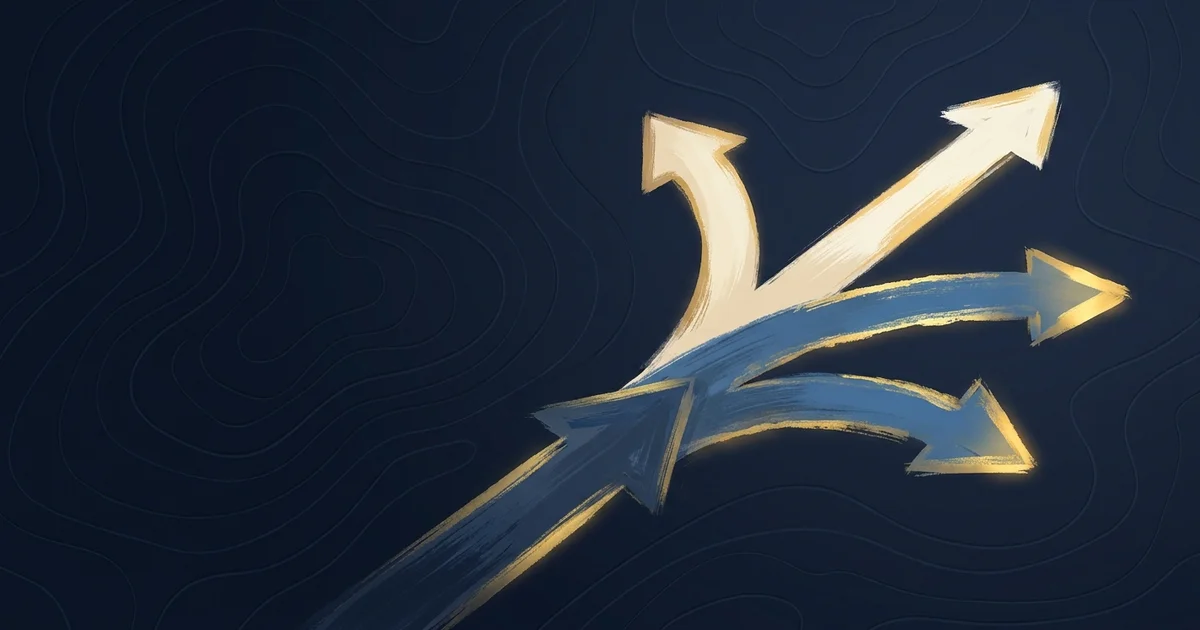 A branching path diagram with three diverging arrows representing alternative visa pathways, on a matte navy surface.