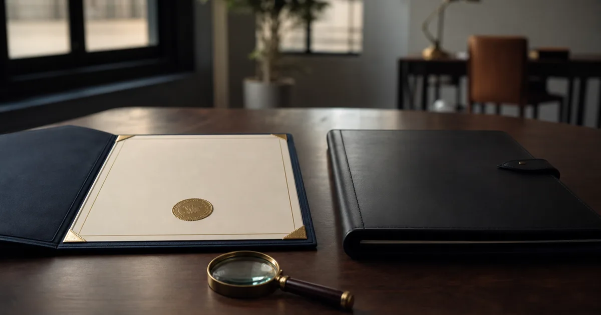 An academic degree certificate and a professional portfolio laid side by side on a well-lit desk with a magnifying glass nearby