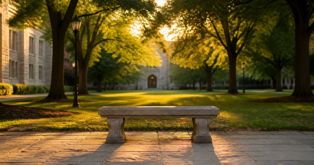 A university research building exterior with students and staff walking along a tree-lined path in late afternoon light
