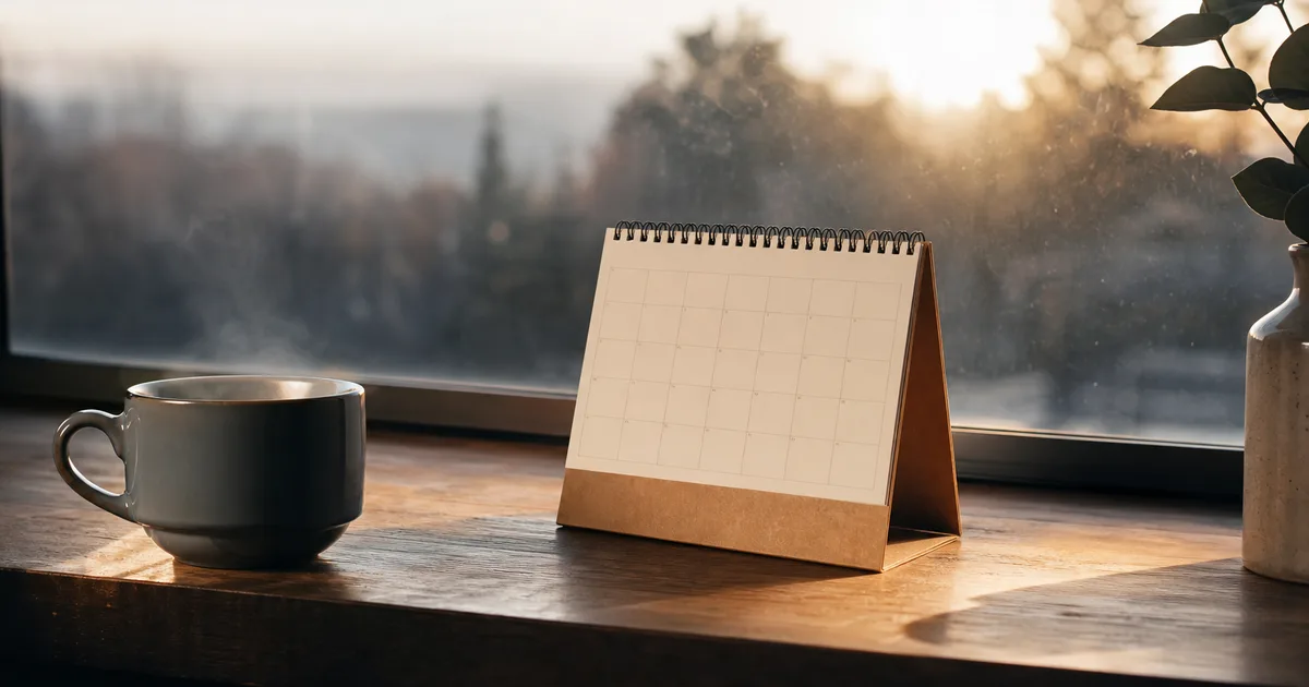 A desk calendar on a windowsill with a coffee cup, morning light suggesting a countdown, soft warm tones, shallow focus, no people