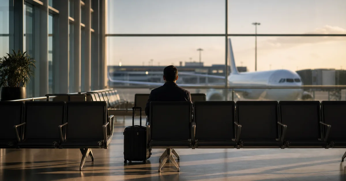 An international airport departure hall with large windows showing a parked aircraft on the tarmac, sparse travelers in the background, morning light